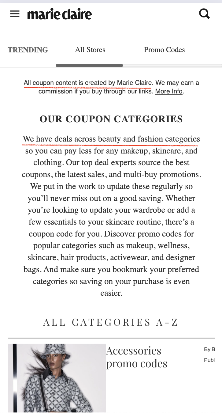 Marie Claire Coupon Categories Text